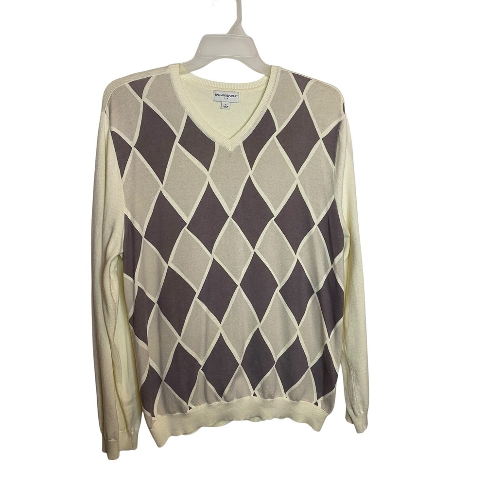 Banana Republic Mens Argyle V-Neck Sweater Beige Yellow Cotton Size XL Pullover